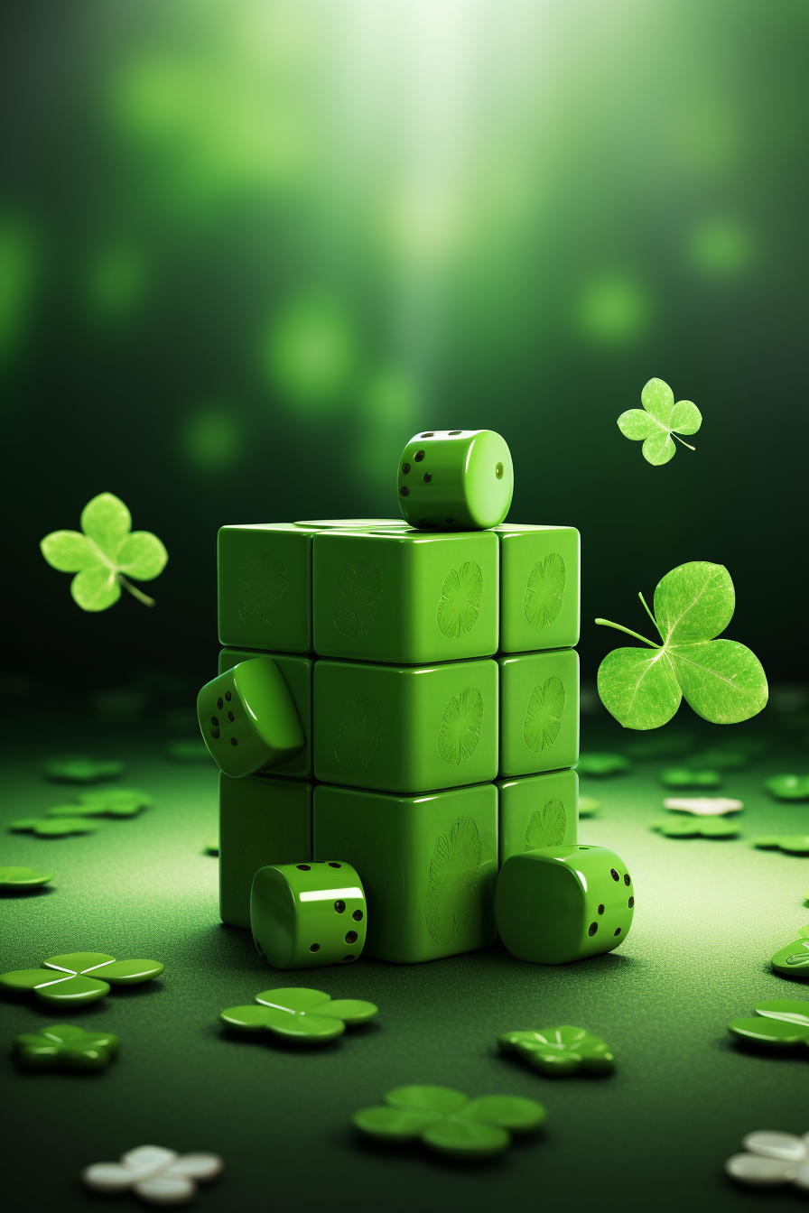 Green cube with clovers on table