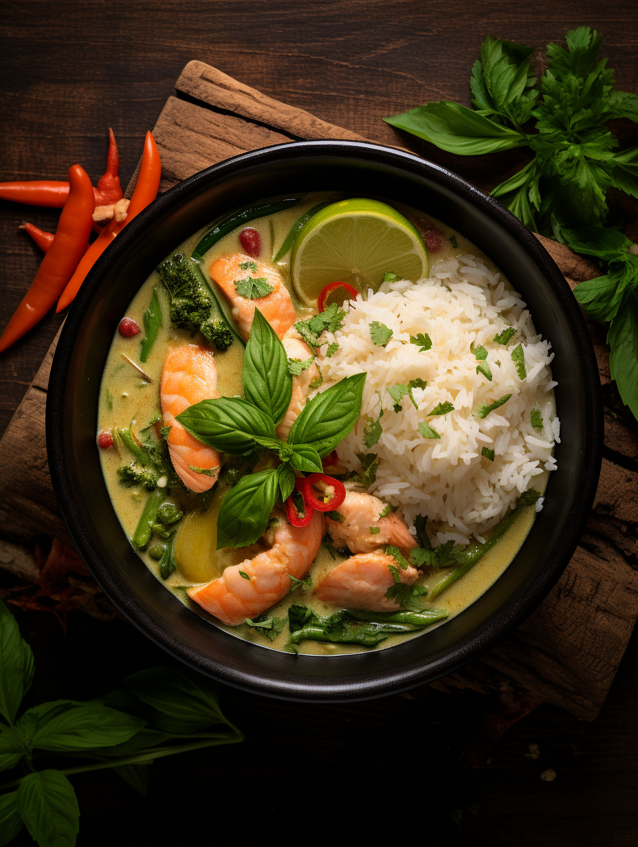 Green Curry with White Rice and Salmon in a Black Bowl