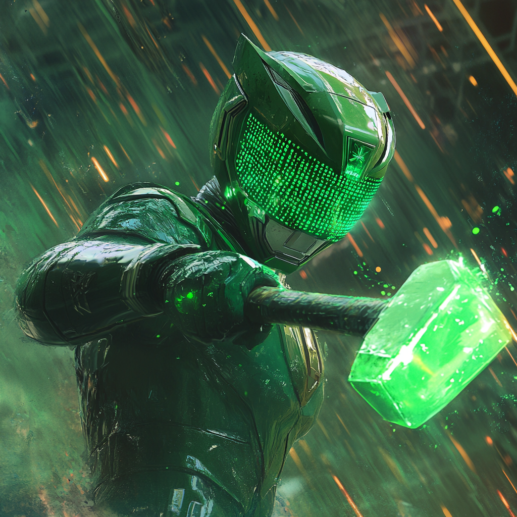 green cyber ranger with code on visor, sledge hammer