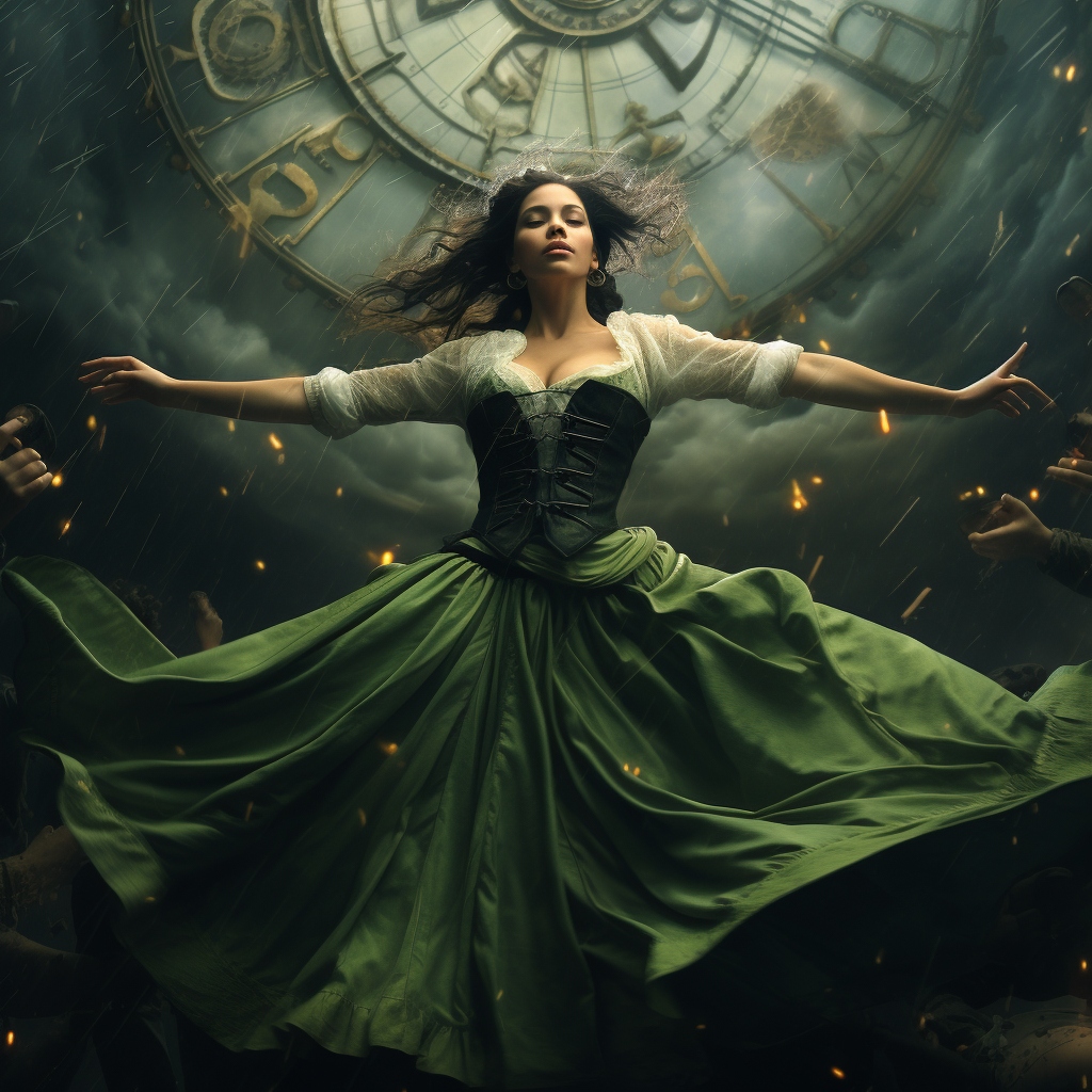 Woman gracefully dancing in green amidst a storm