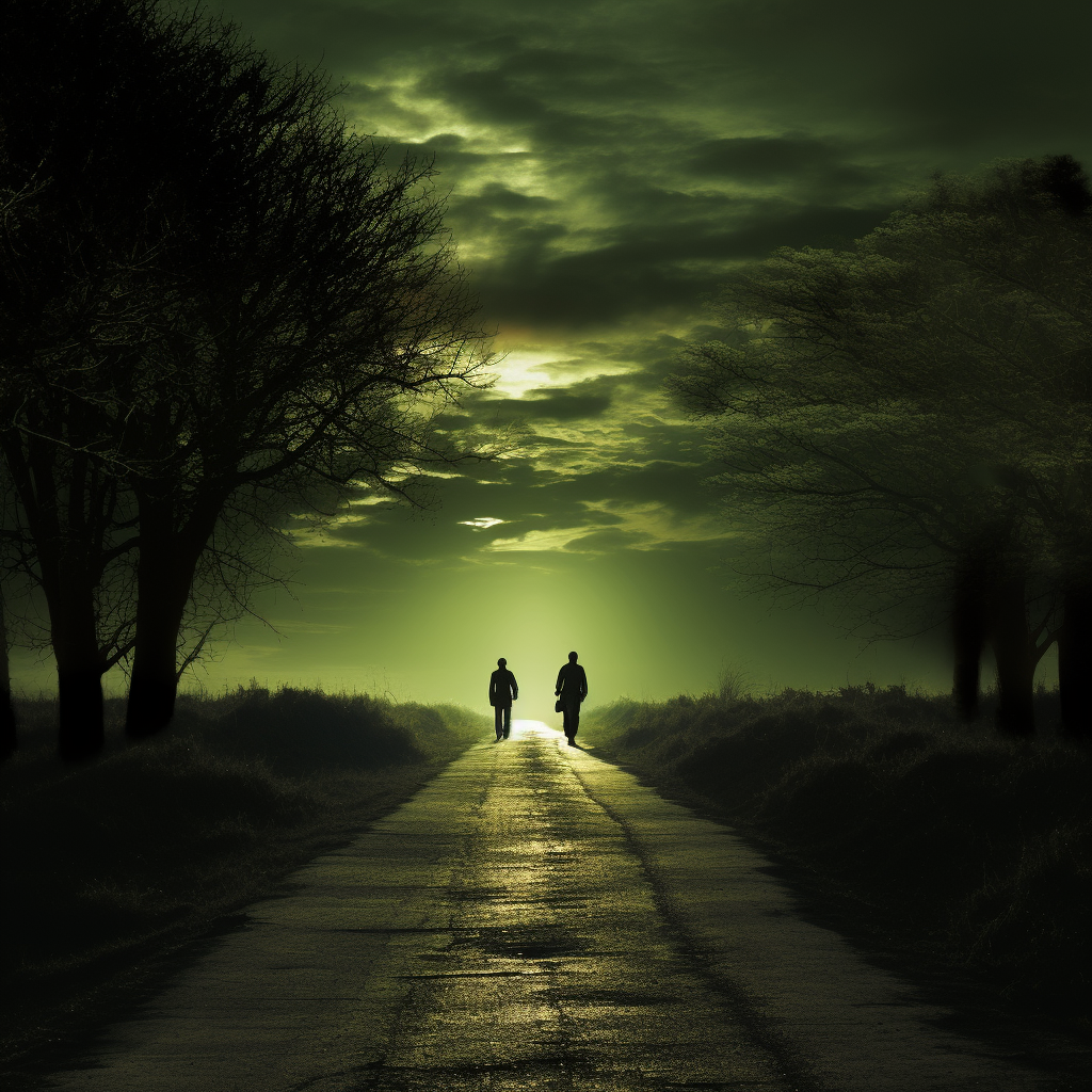 Two silhouettes walking on a green dawn road