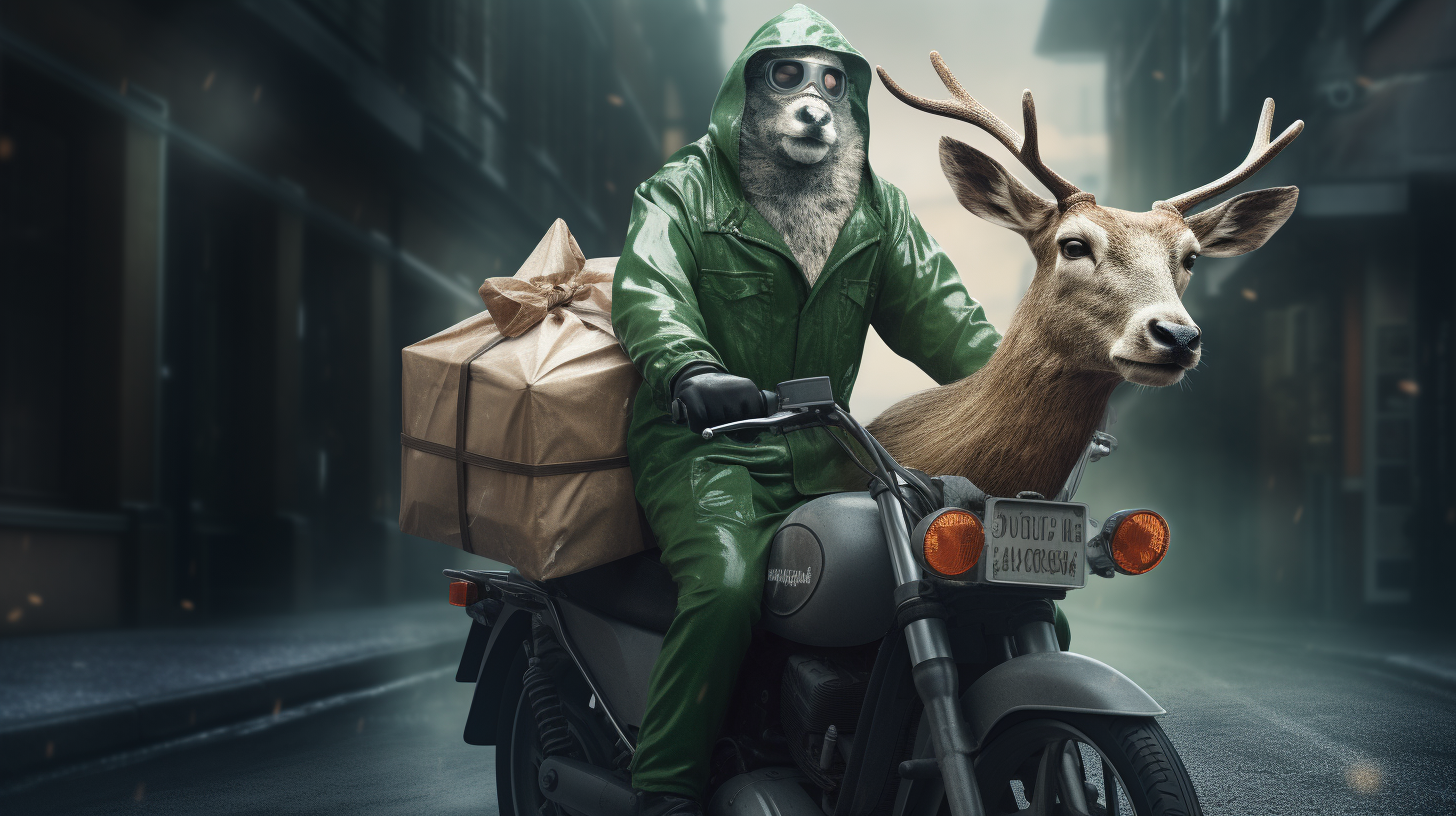 Deer on Motorcycle with Green Delivery Bag