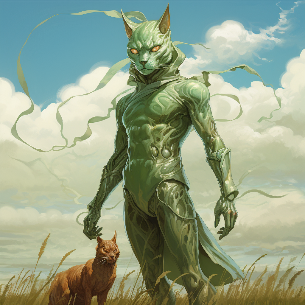 Green demon and metallic cat in field