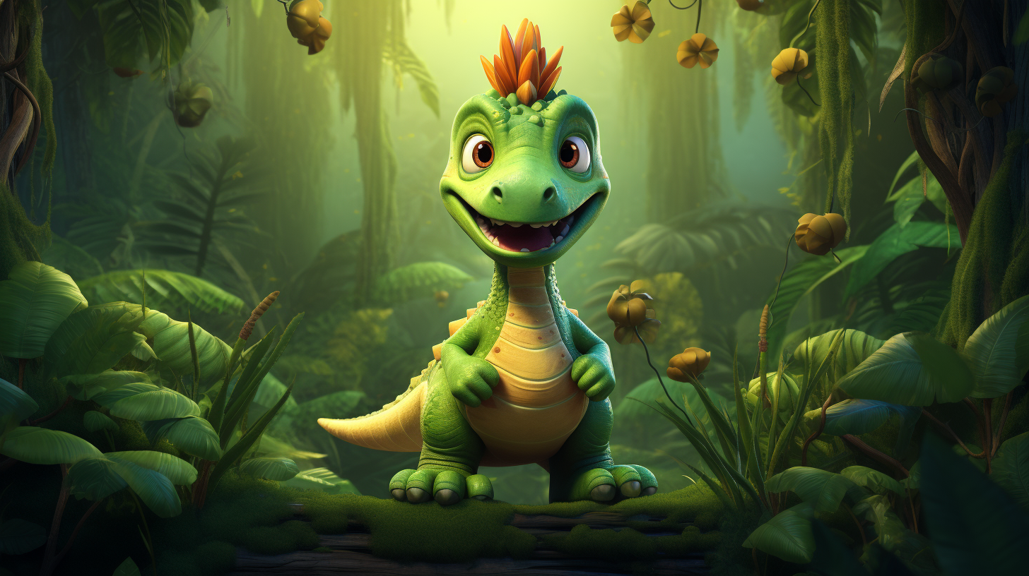 Cute green dinosaur in vibrant jungle