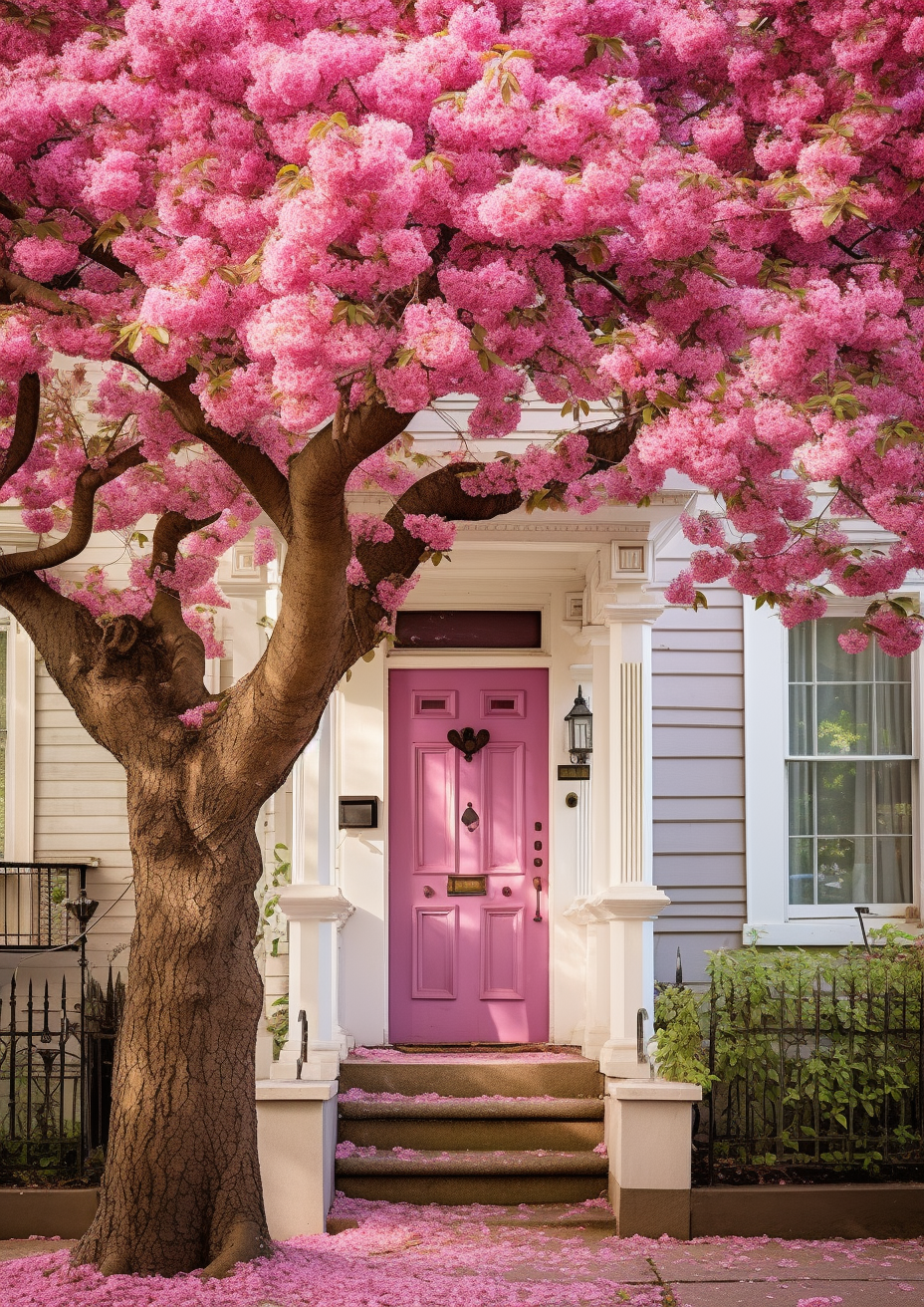 Charming green door framed by vibrant pink blossoms