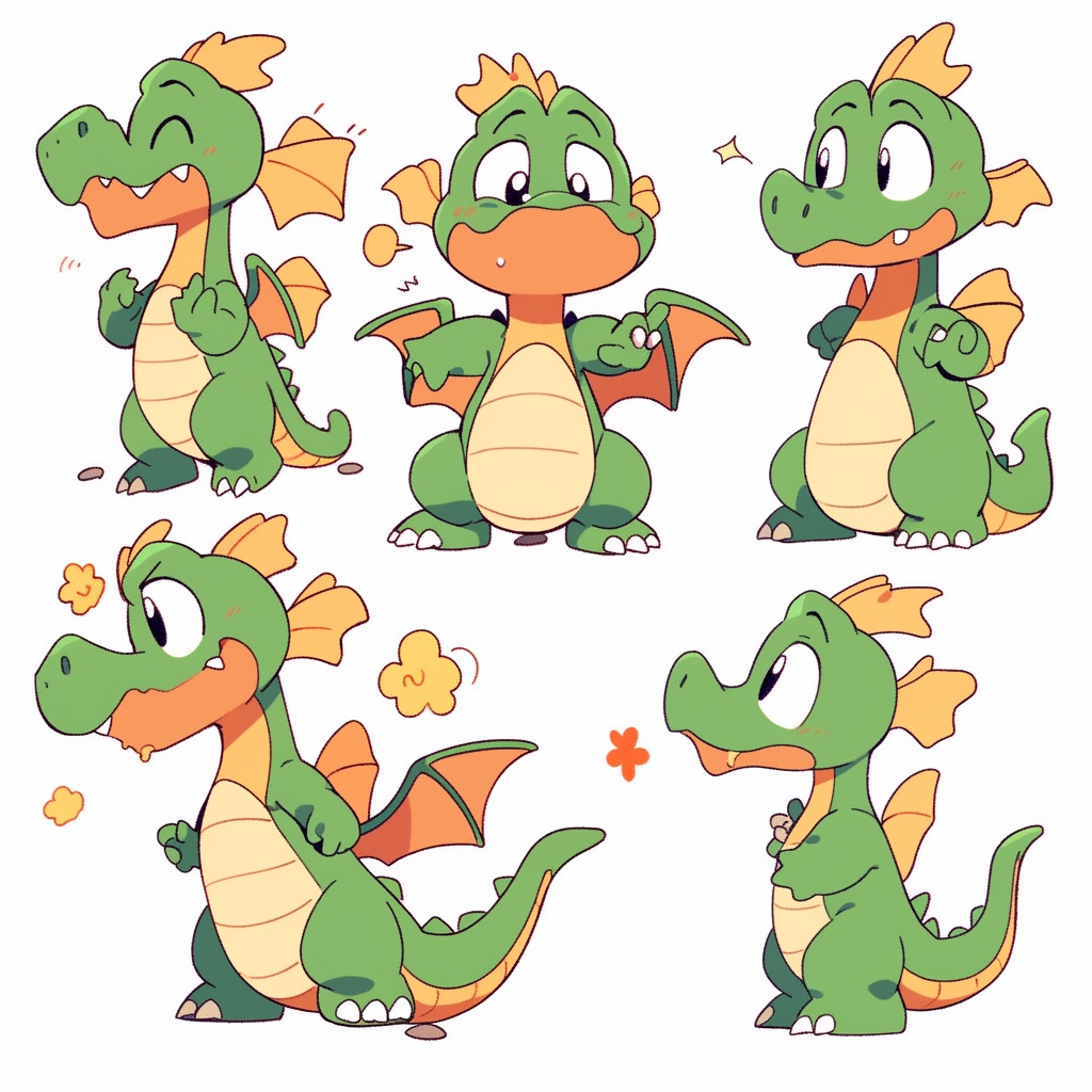 Animated green dragon with multiple expressions