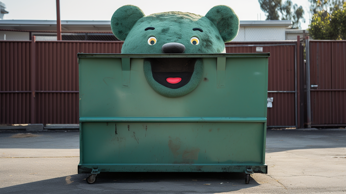 Smiling grizzly bear in green dumpster