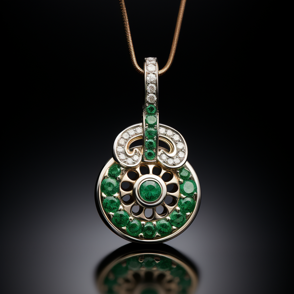 Green emerald round pendant with diamonds