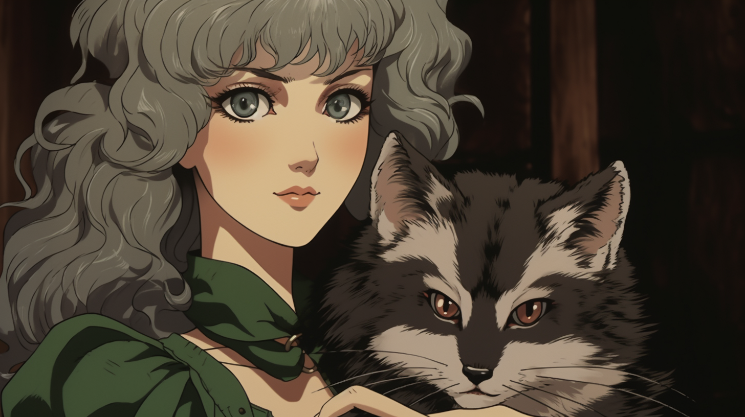 Anime woman with green eyes holding raccoon