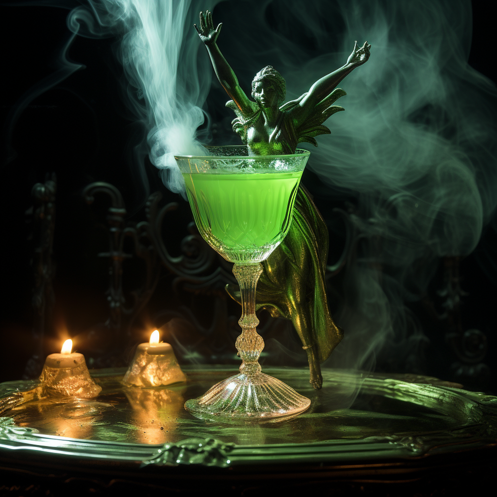 Green fairy rising from absinthe glass in candlelight