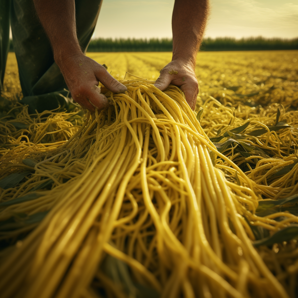 Farmer collecting uncooked spaghetti sticks in a green field