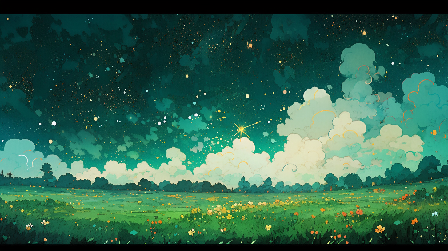 Green field with scattered clouds and stars