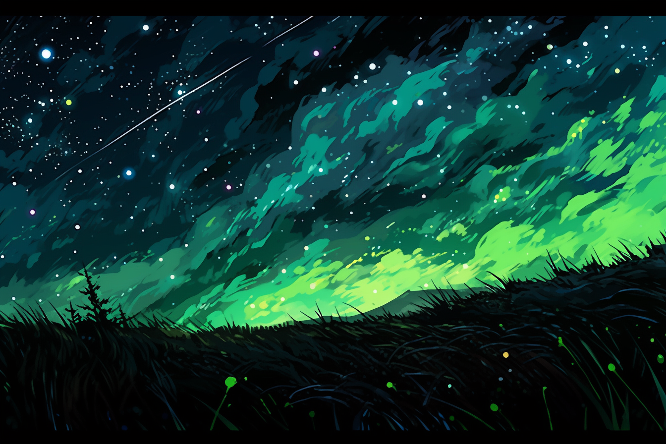 Green field at night with stars in pop art style