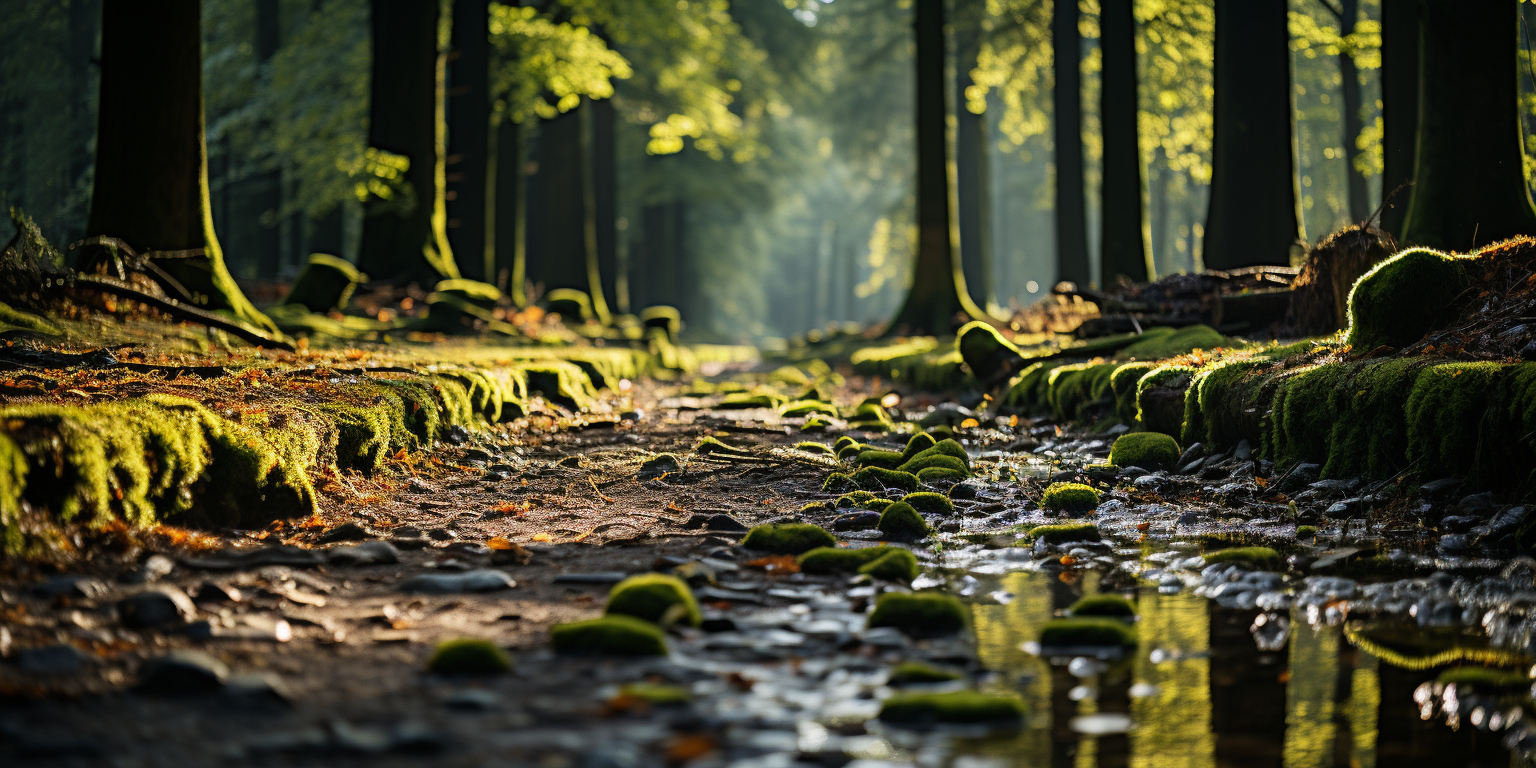 Serene morning light in green forest