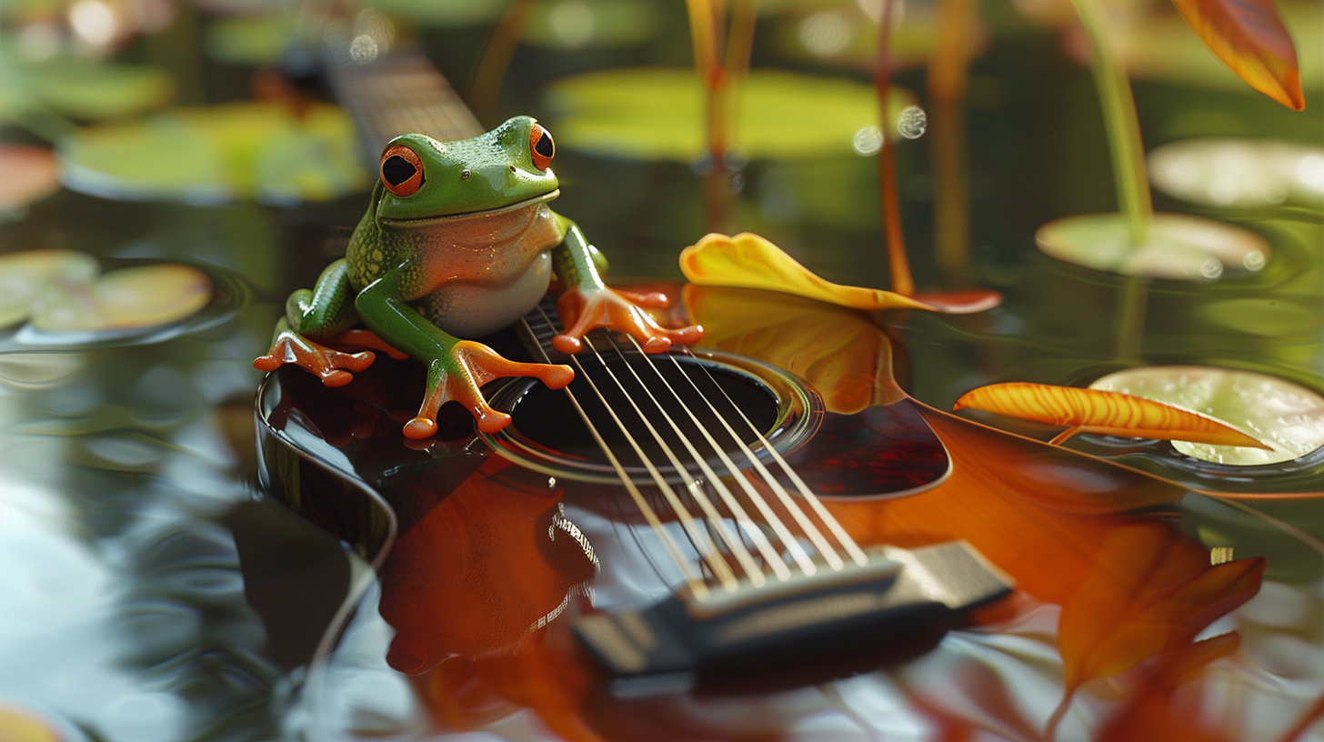 Little green frog on guitar