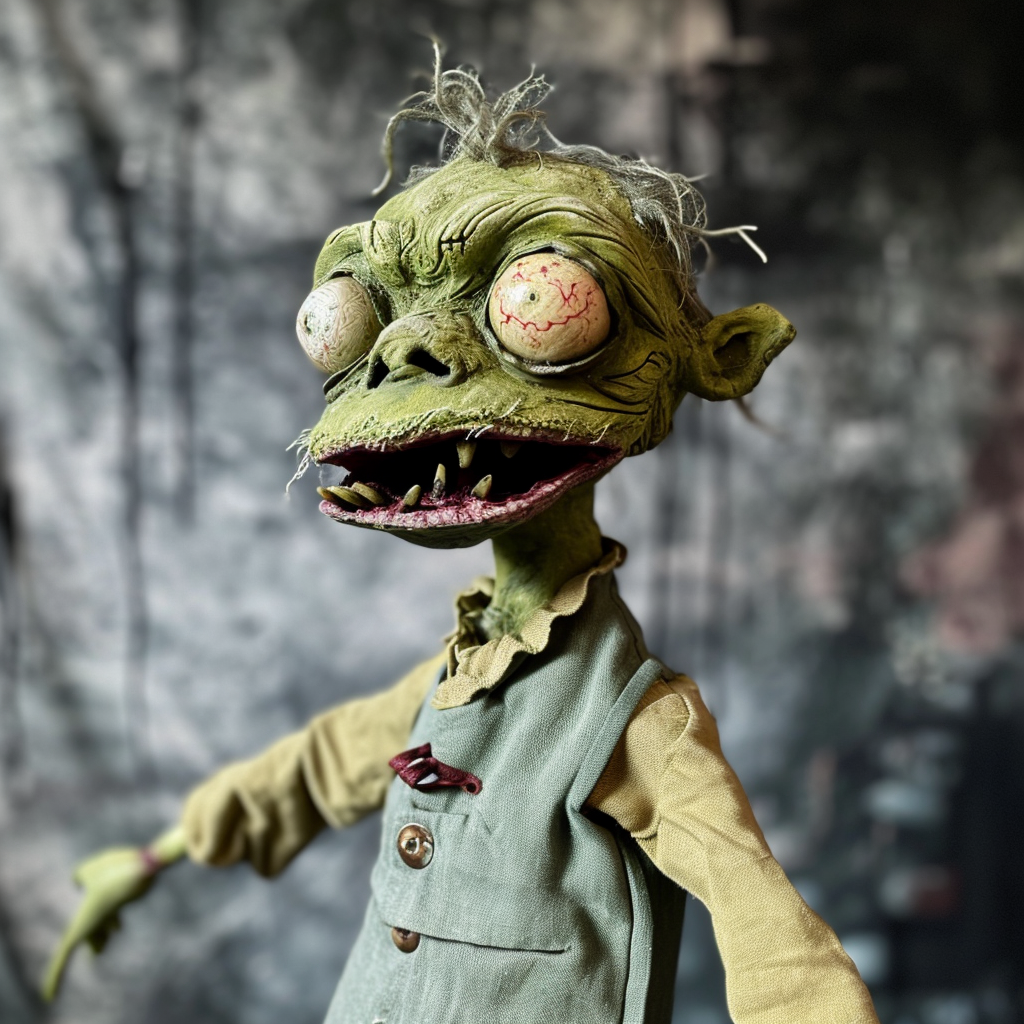 Creepy green ghoul puppet in mr meaty style