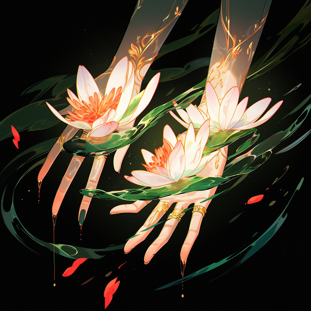 Green glass hands with golden gaps and red flower