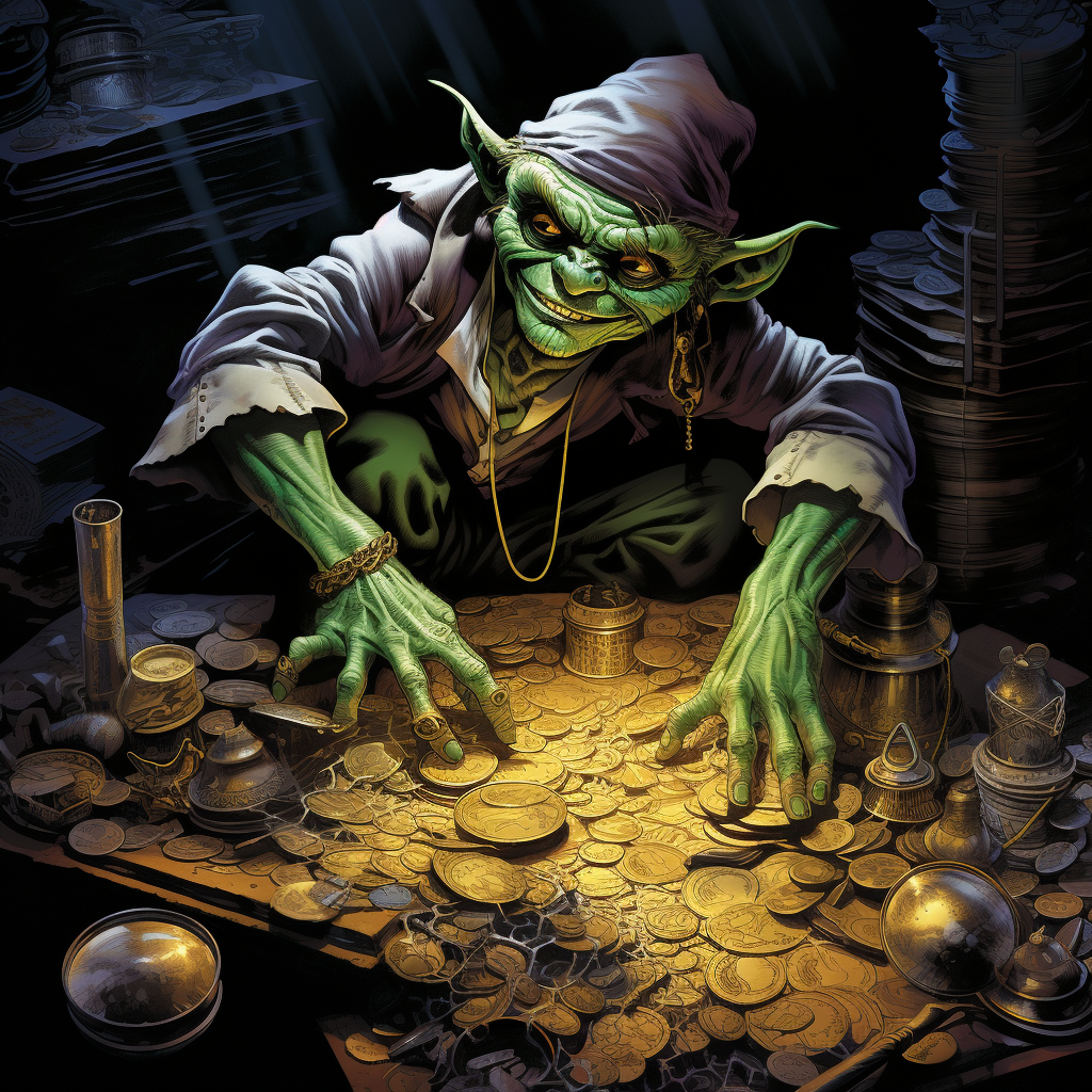 Pale green goblin thief rummaging treasure