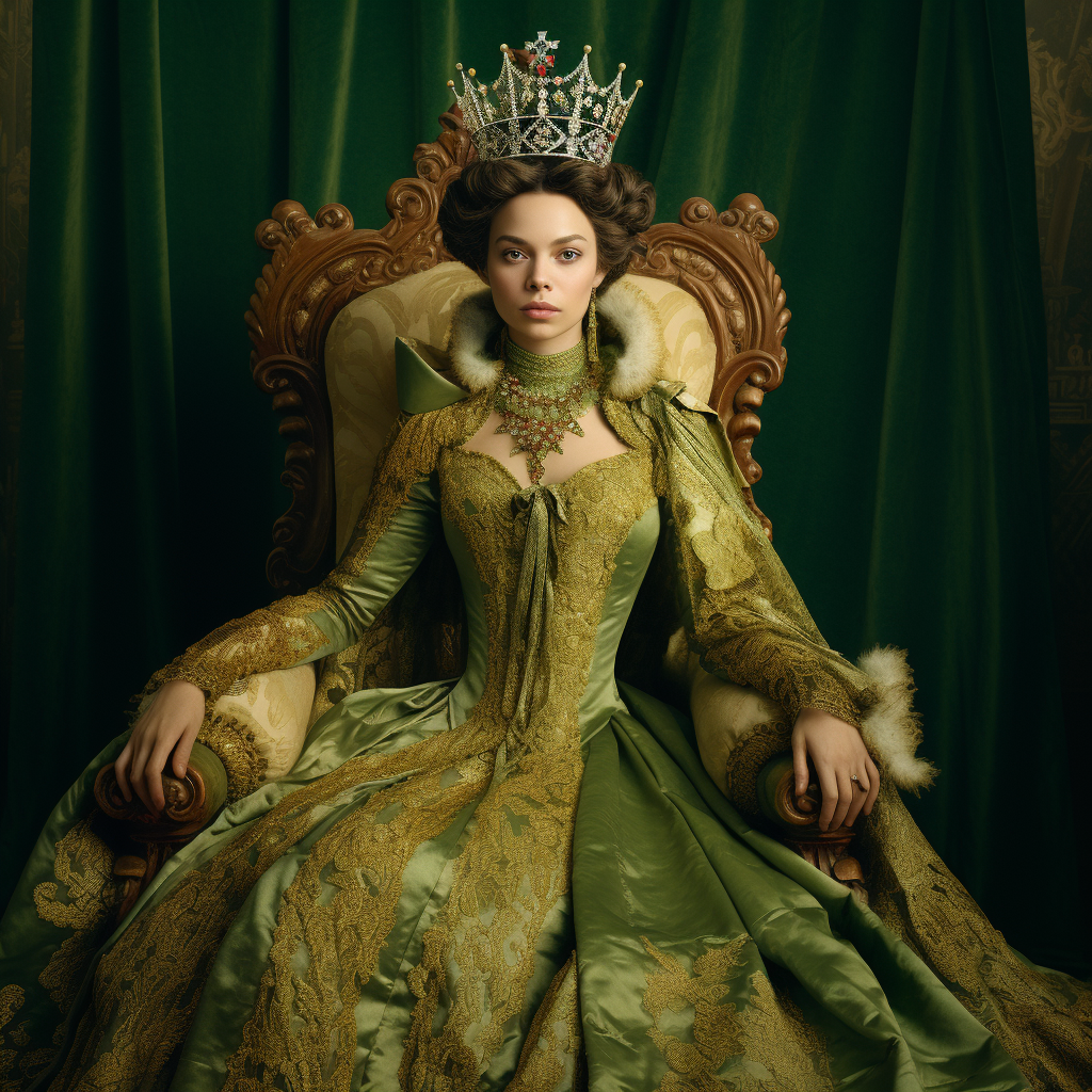 Elegant Marquise in Green and Gold Victorian Dress