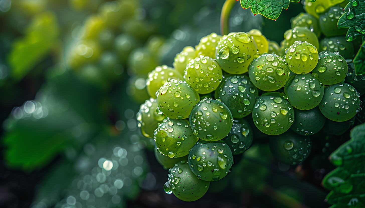 Green grapevines with dewdrops close-up