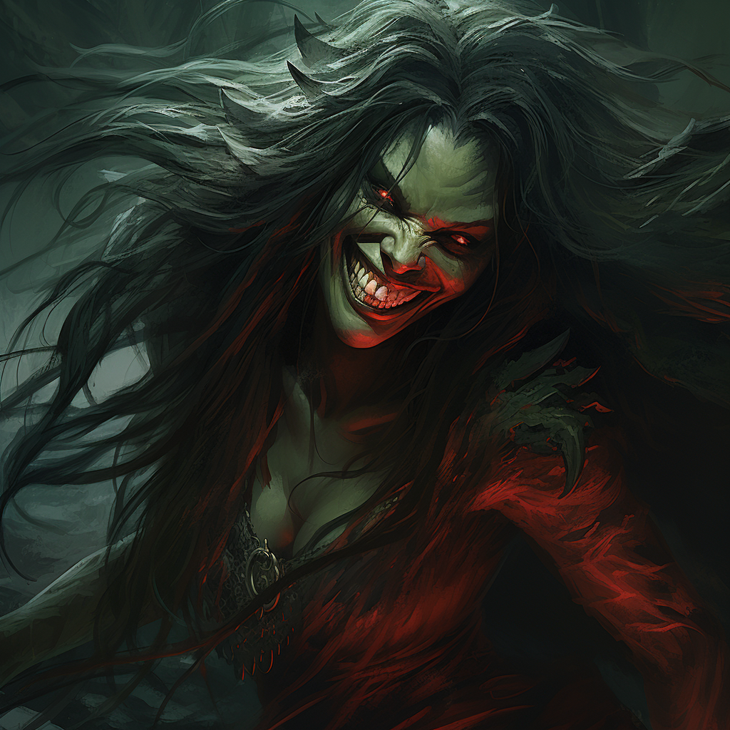 Sinister green hag in red dress