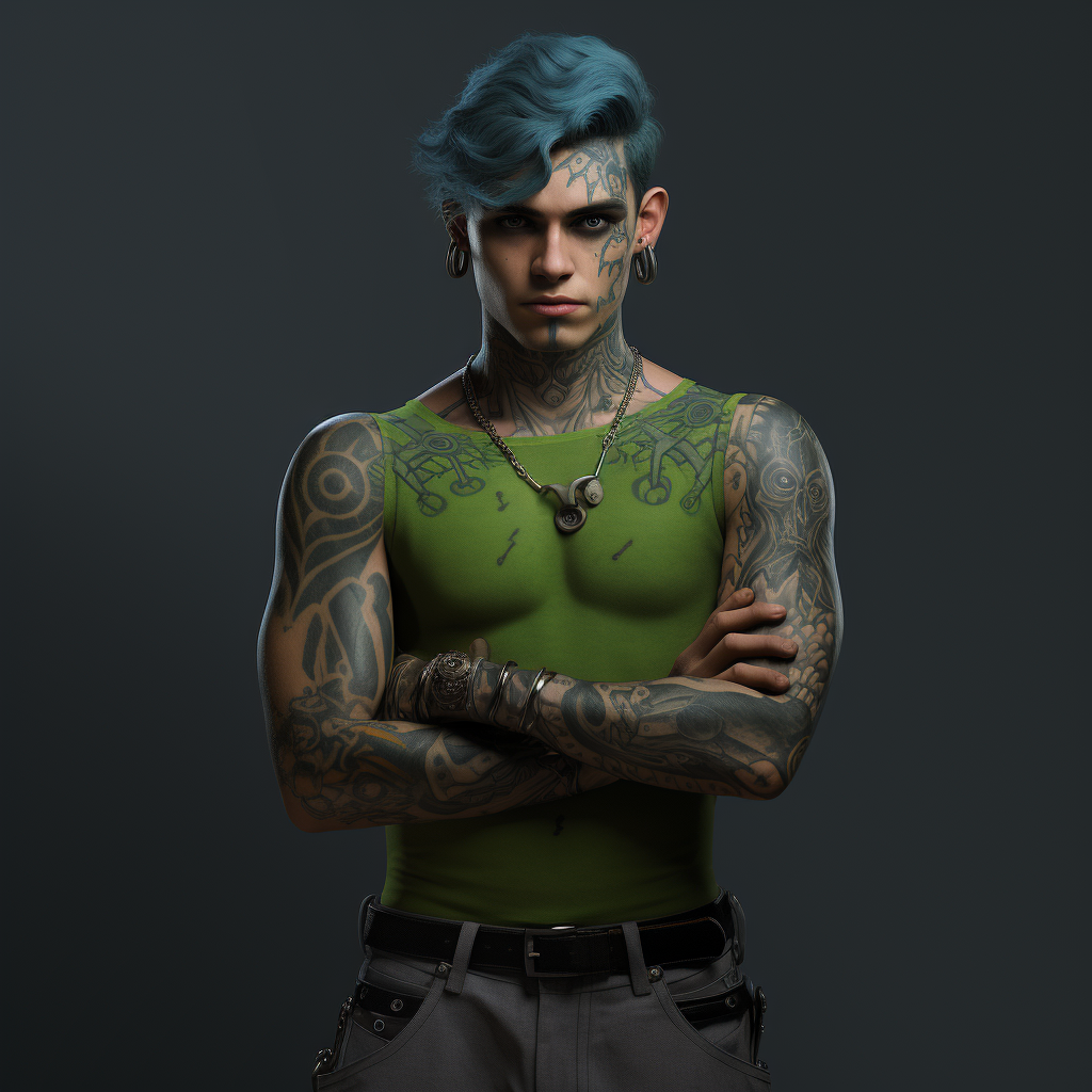 Green haired character with tattooed arm