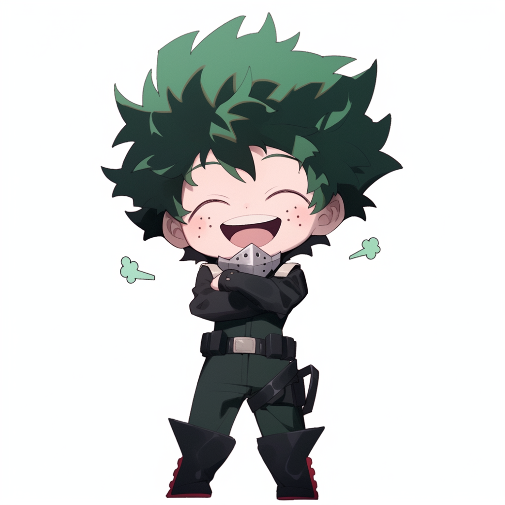 Chibi anime boy in green hair laughing