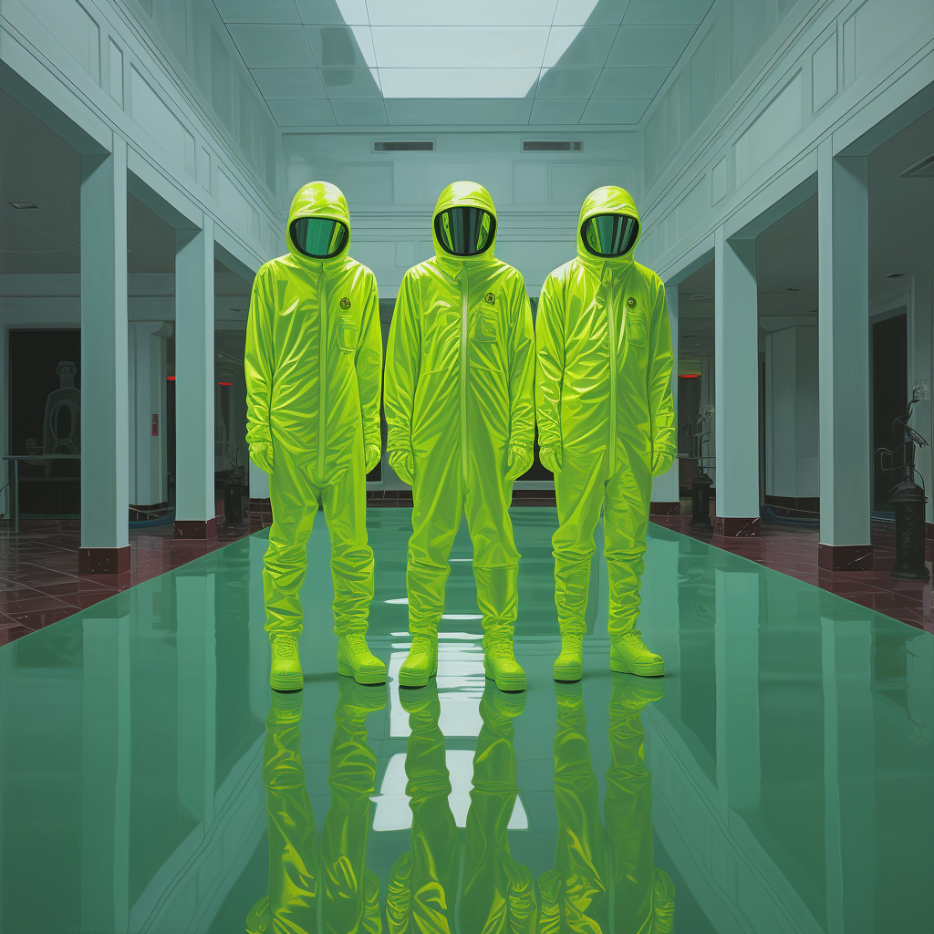 Three men in green hazard suits