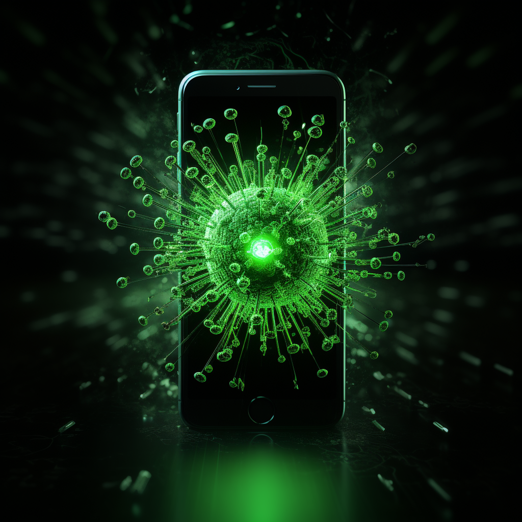 Green illuminating virus reaching out from phone screen