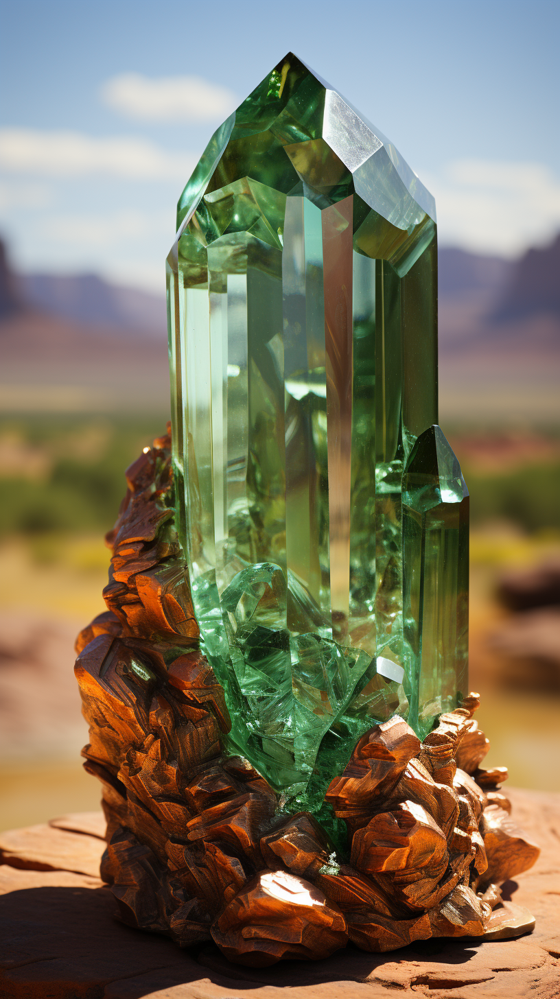 Vibrant green jade prism in desert landscape