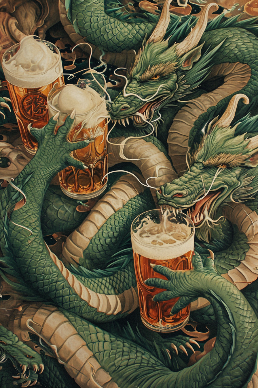 Green Japanese dragons with beer mugs