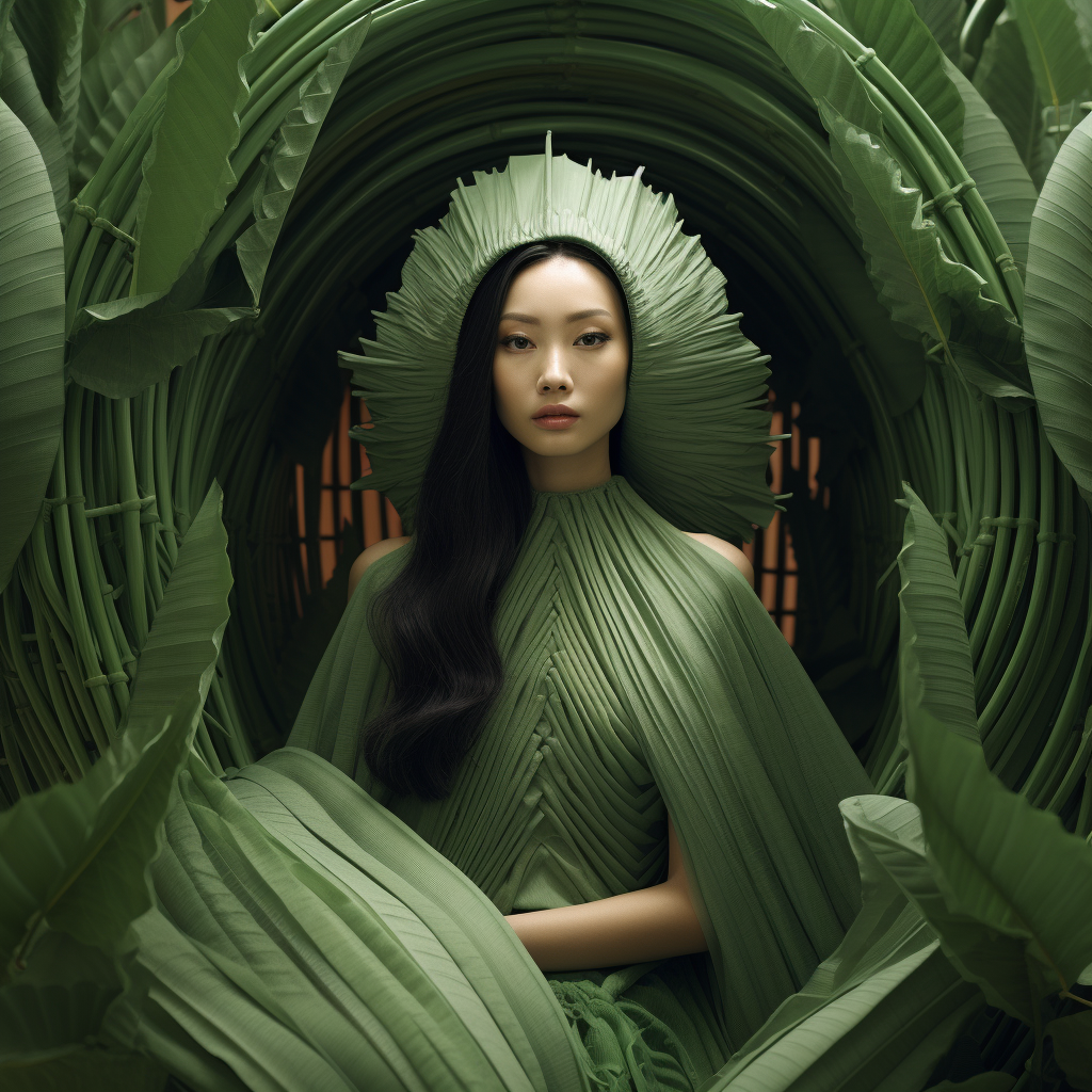 Woman made of green leaves inside bamboo house