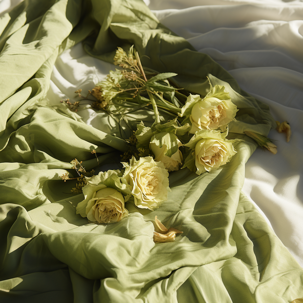 Green linen sheets with dead flowers and sunlight