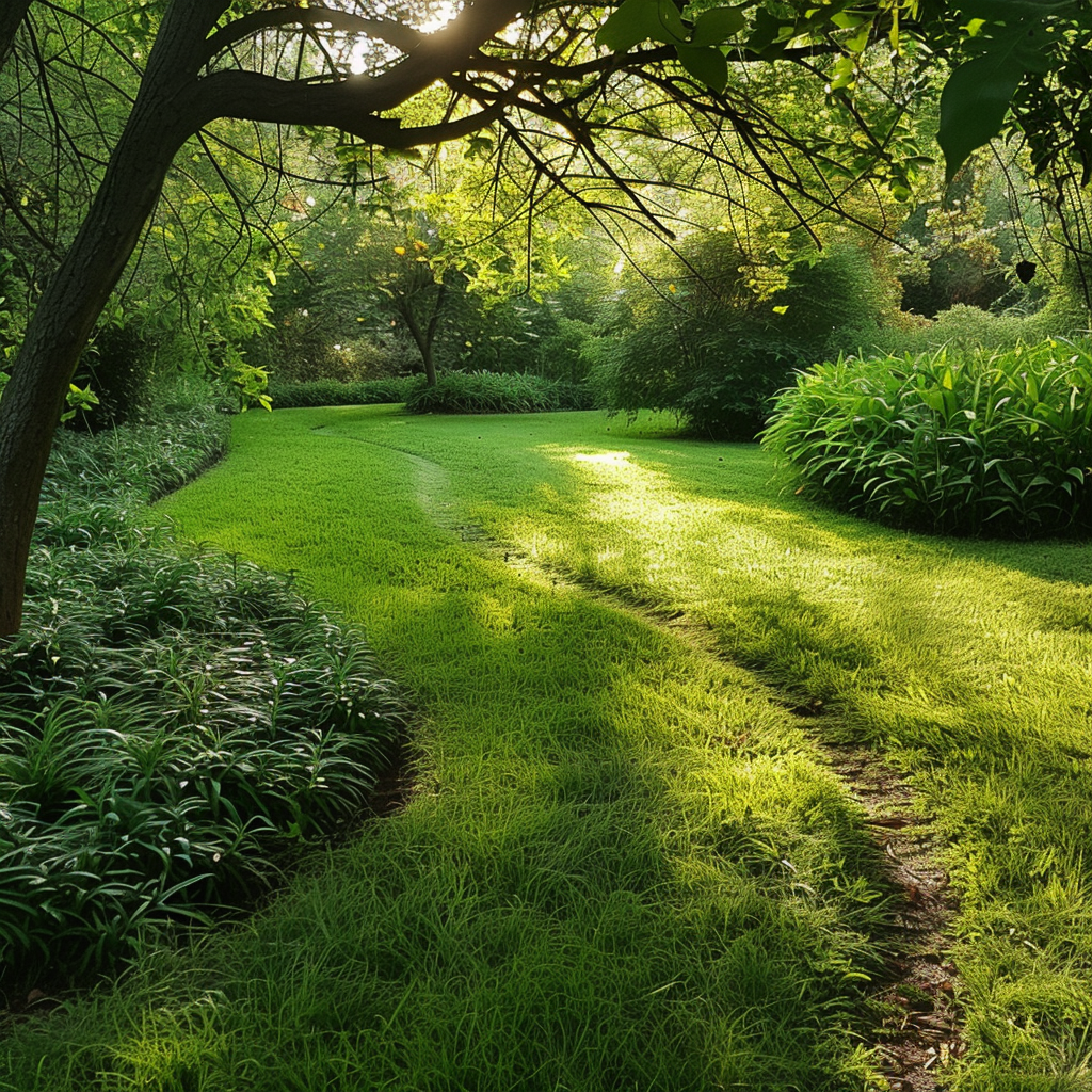 Green garden with walking path