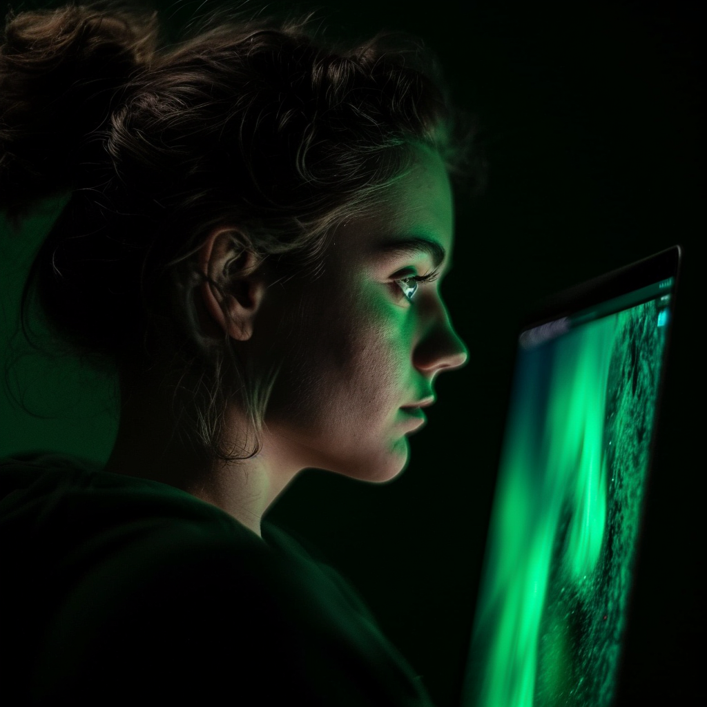 Woman in front of green Macbook screen