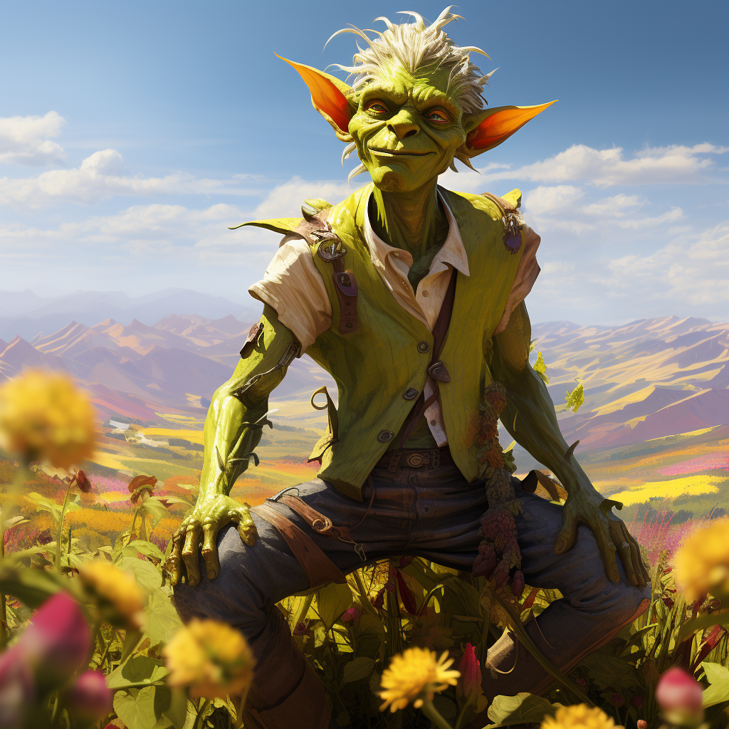 Lime green male goblin in blossoming meadows