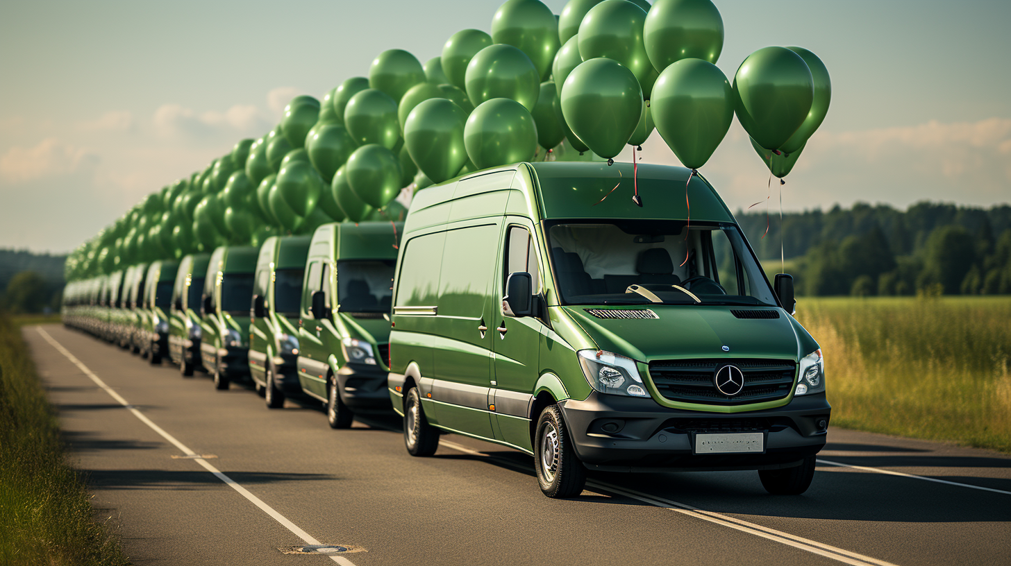 Green Mercedes Sprinter Van Driving through Balloons at Sunrise