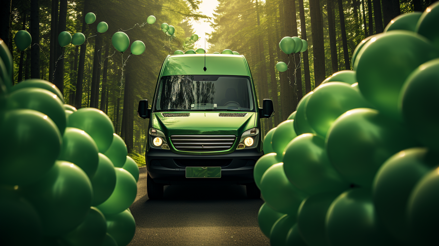 Green Mercedes Sprinter Van Driving through Balloons