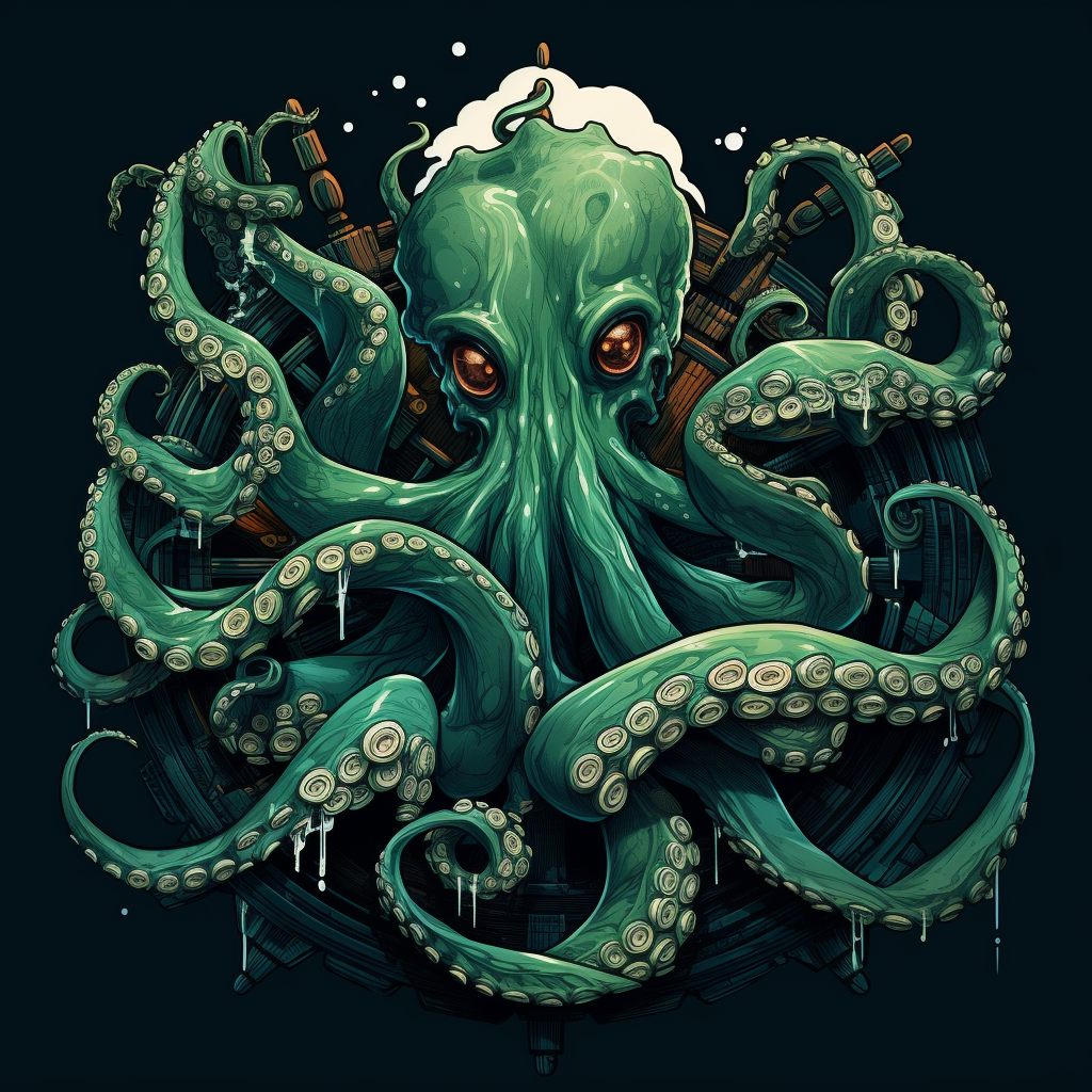 Dark sea green octopus wraps around ship wheel