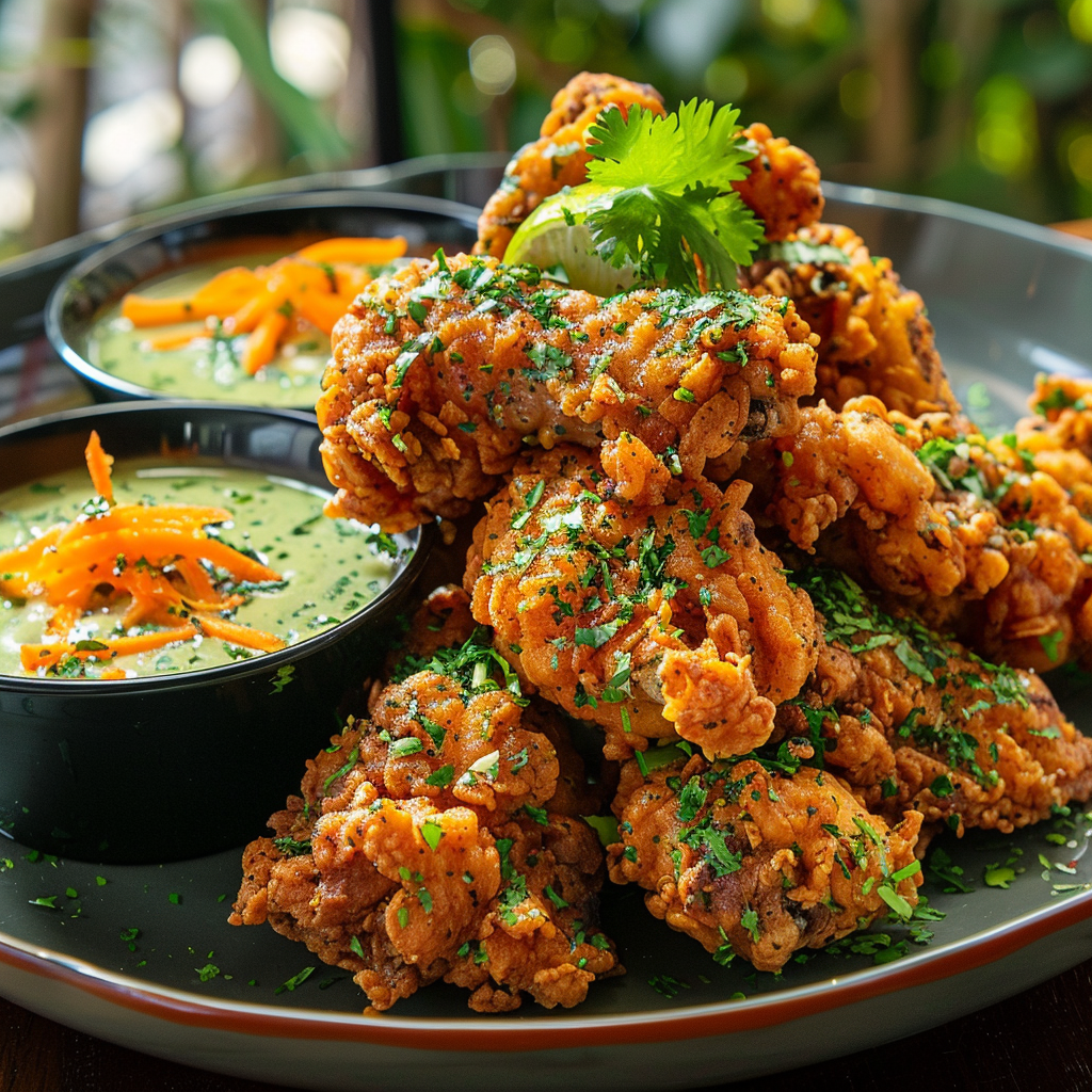 Colorful fried chicken menu items