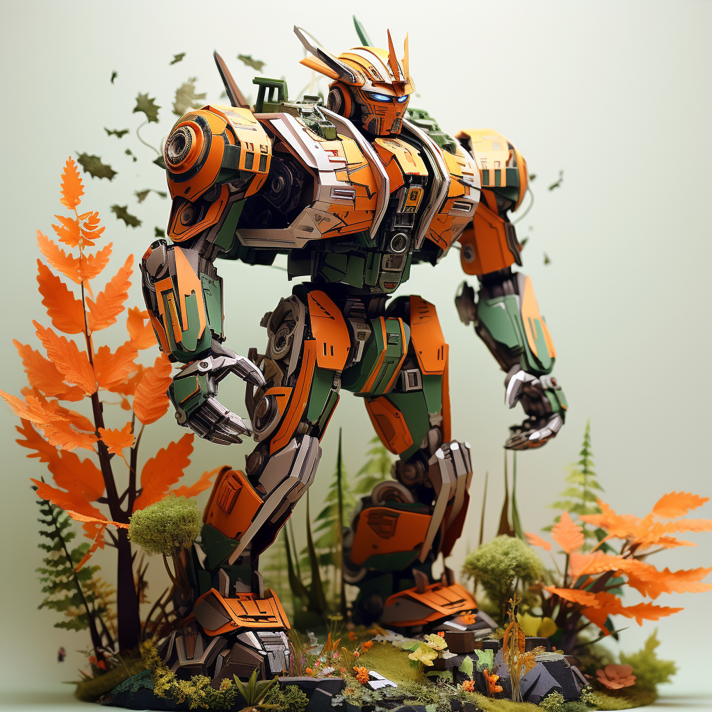 3D transformer in green and orange near trees and river