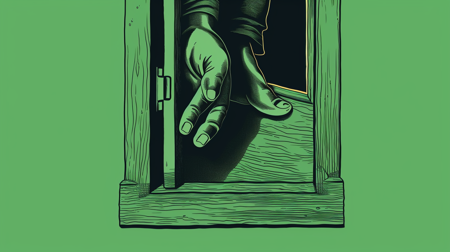 Illustration of black person holding door open with foot