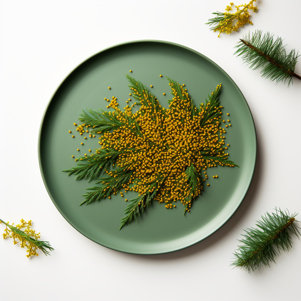 Fresh green pine pollen branches on white plate