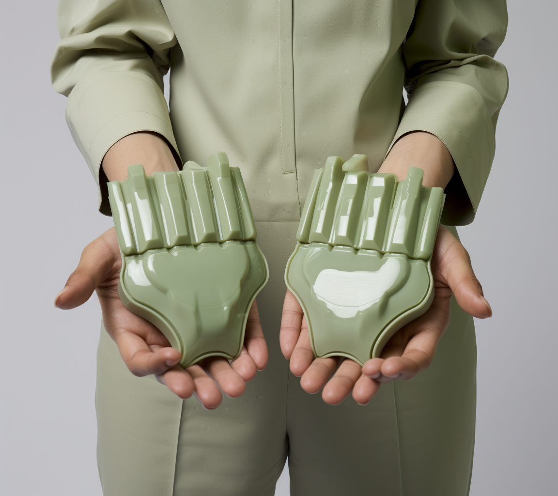 Hands holding up green plastic items