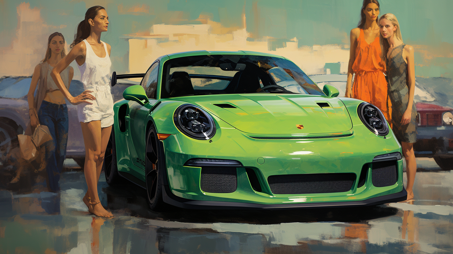 Expressive artwork of green Porsche GT3 RS with elegant ladies