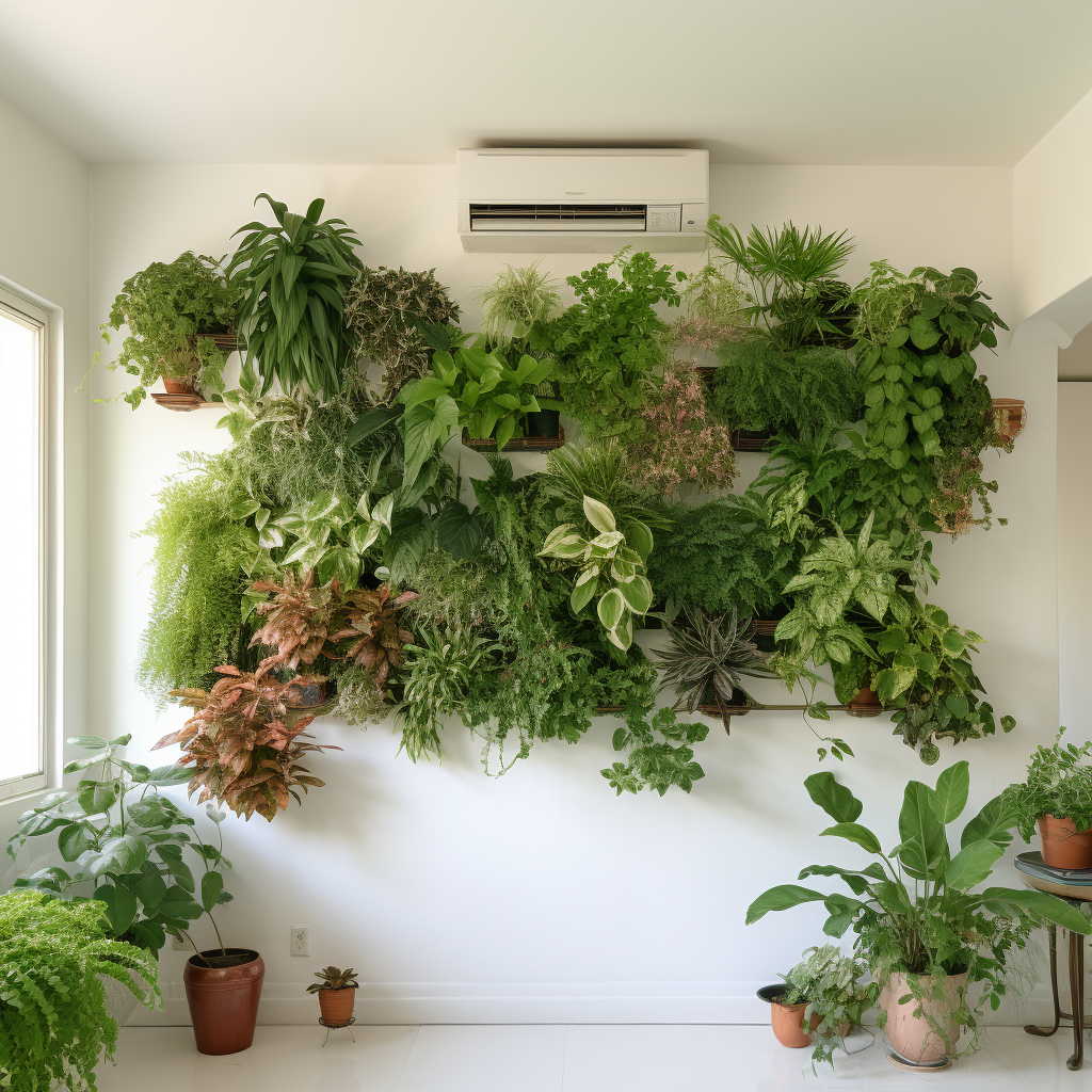 Green potted plants on beige wall