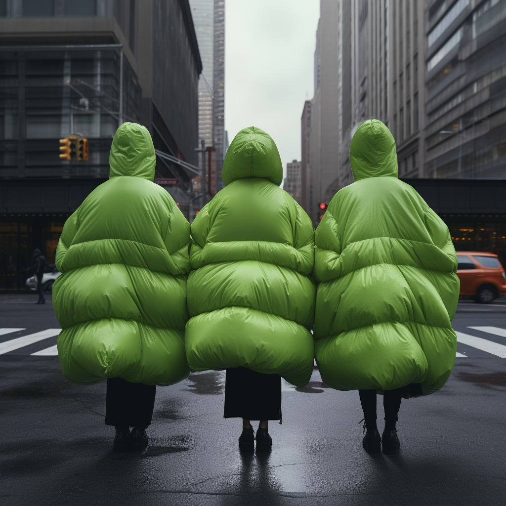 fashionable trio in green puffer jackets