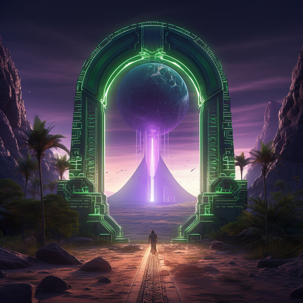 A majestic portal in a cyberpunk city leading to the Sahara desert