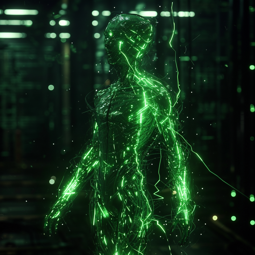 Green radioactive stick figure in cyberpunk setting