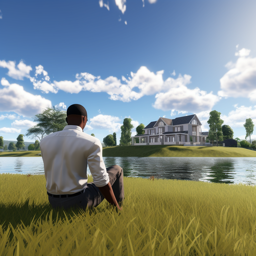 Man sitting on grass near stunning green river mansion